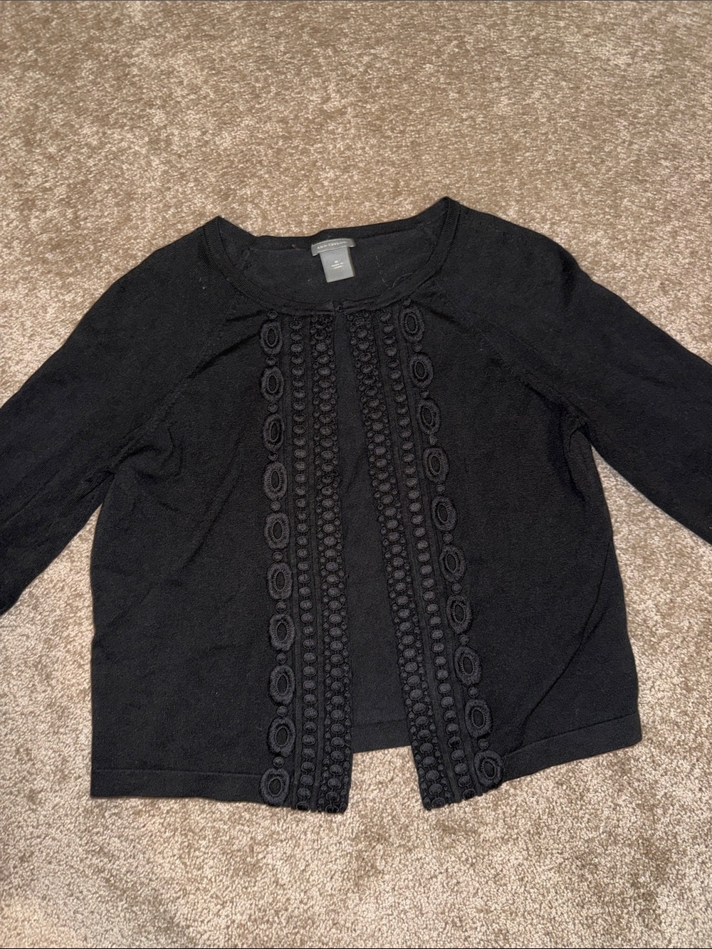 Ann Taylor Black Crochet-Trim Open Front Cardigan - Medium